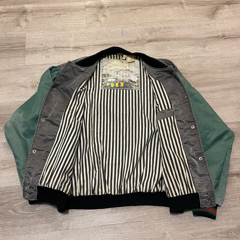 Point Zero Grey Body Green Sleeve Varsity Jacket with Embroidered Back - Picture 3 of 4